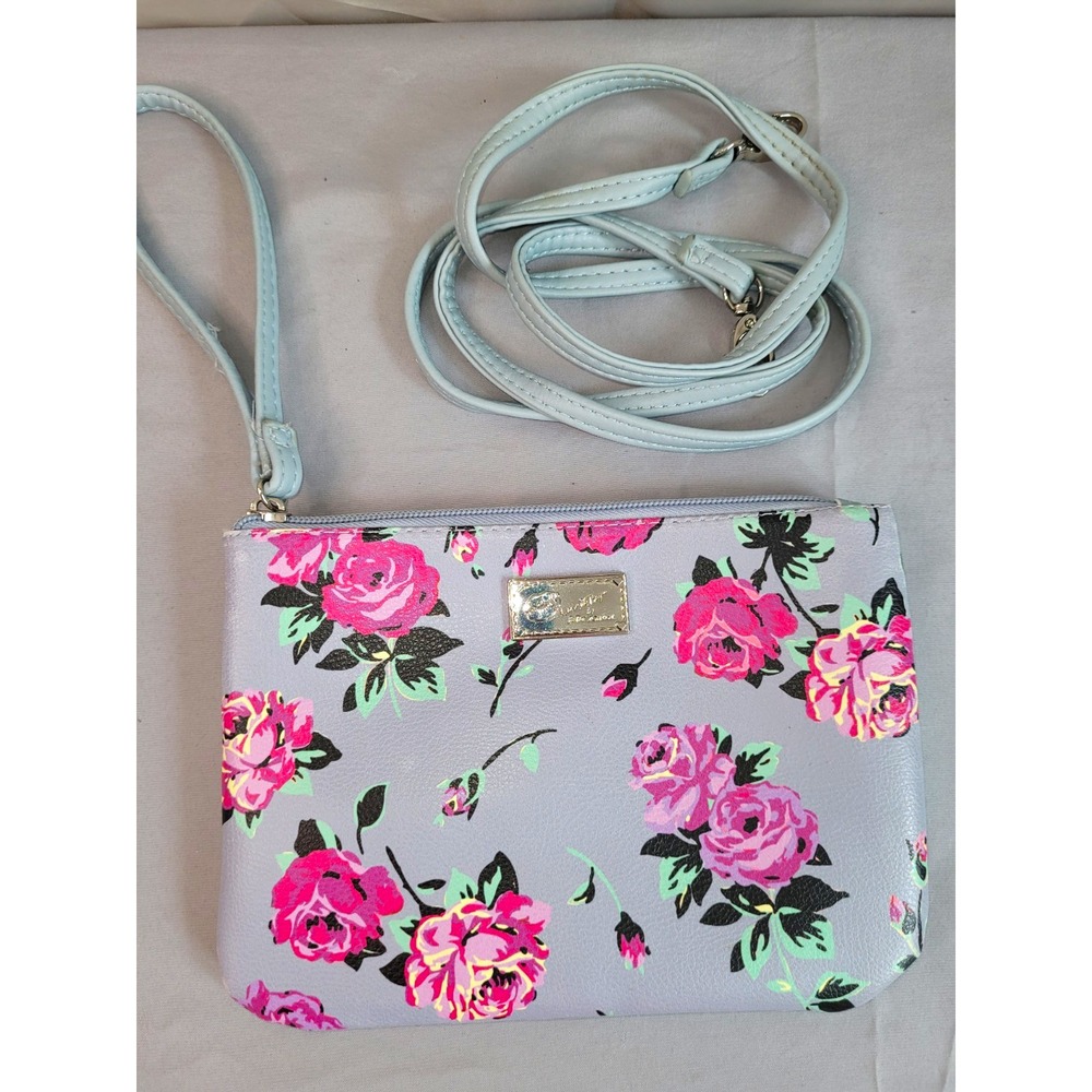 Betsey Johnson Light Blue Floral Crossbody Wristlet Zip Bag